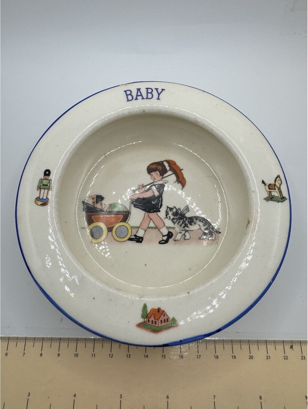 Antique Czecho-Slovakia Ceramic Baby Bowl 1920s Girl with Pram Dog Blue Trim 6in